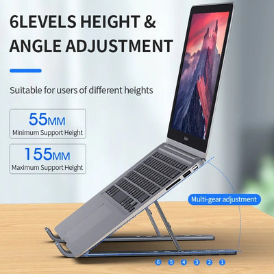 Adjustable Laptop Stand – Portable, Foldable Cooling Riser with 6 Height Levels & Anti-Slip Design for 11–17" Laptops