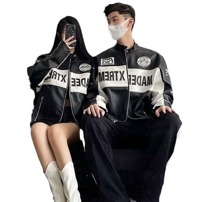 Vintage Couple Embroidery PU Leather Jacket — Retro Moto Style