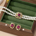 Stylish Elegant Double Row Pearl Square Diamond-studded Necklace Earings Set