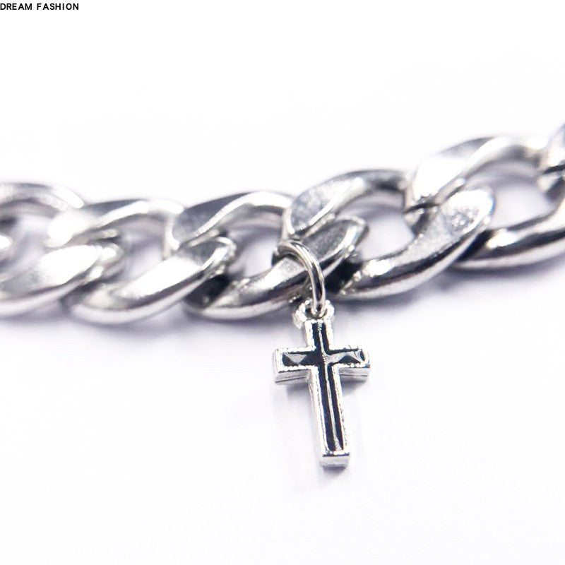 Trend Titanium Steel Cross Cuban Link Chain Ins Cold Hip Hop Silver Necklace