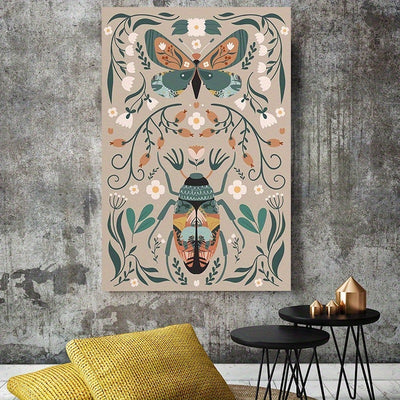 Butterfly & Flower Canvas Wall Art – Botanical Nature Print with Wooden Frame, Boho Mid-Century Room Decor
