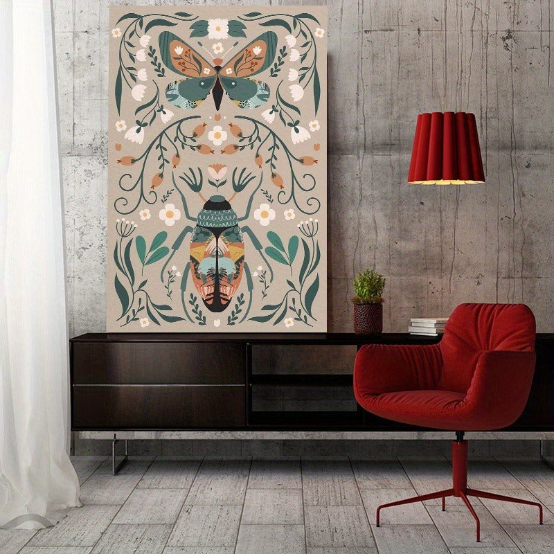 Butterfly & Flower Canvas Wall Art – Botanical Nature Print with Wooden Frame, Boho Mid-Century Room Decor