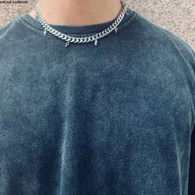 Trend Titanium Steel Cross Cuban Link Chain Ins Cold Hip Hop Silver Necklace