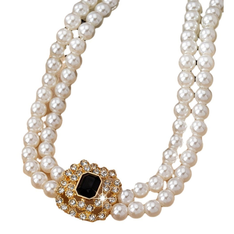 Stylish Elegant Double Row Pearl Square Diamond-studded Necklace Earings Set