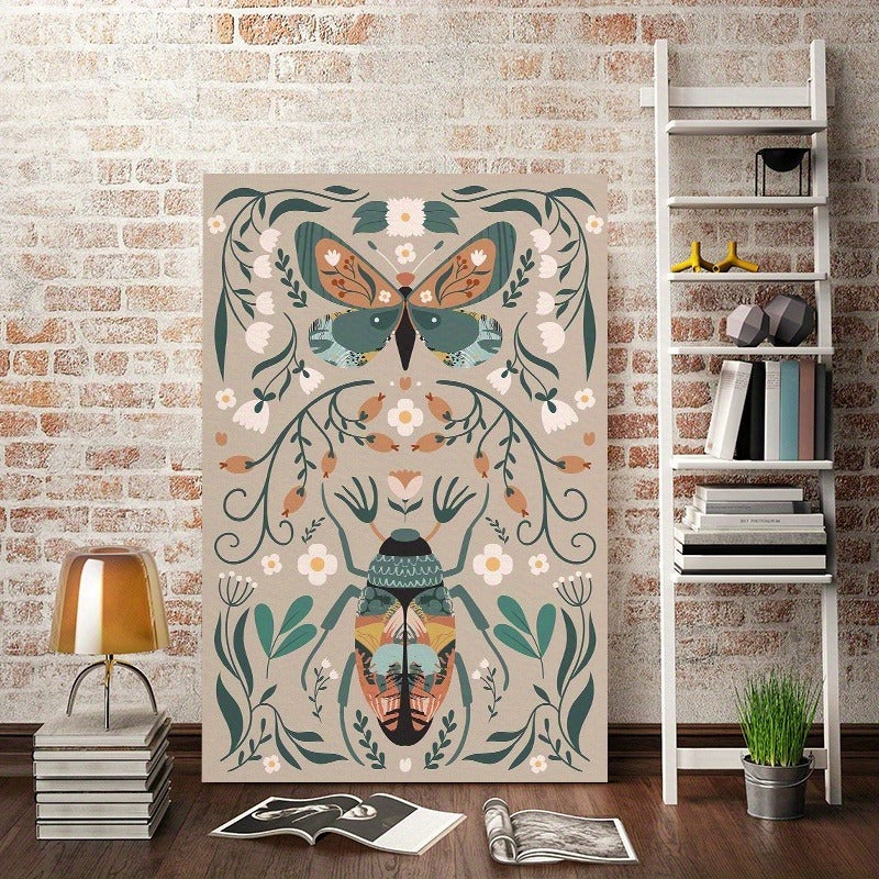 Butterfly & Flower Canvas Wall Art – Botanical Nature Print with Wooden Frame, Boho Mid-Century Room Decor