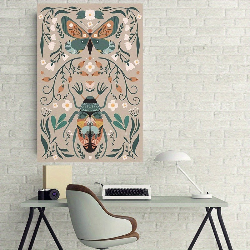 Butterfly & Flower Canvas Wall Art – Botanical Nature Print with Wooden Frame, Boho Mid-Century Room Decor