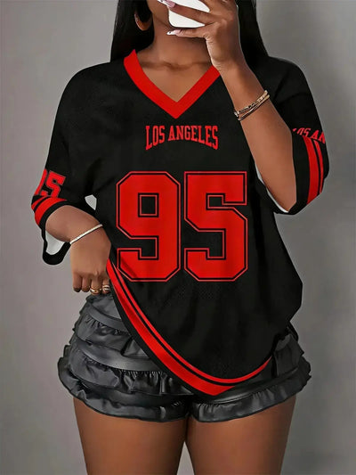 2026 Los Angeles 3D Printed No. 95 V-neck Short-sleeved Shirt Summer Plus Size Unisex Training T-shirt Casual and Versatile