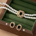 Stylish Elegant Double Row Pearl Square Diamond-studded Necklace Earings Set