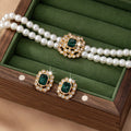 Stylish Elegant Double Row Pearl Square Diamond-studded Necklace Earings Set