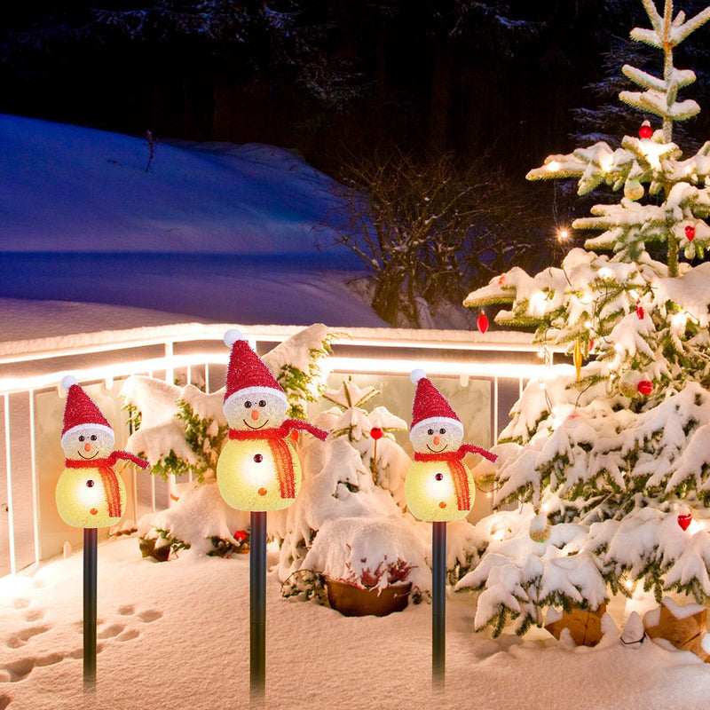 1Pc Solar Powered Lamp 3 Snowmen Outdoor Decorative Christmas Lamp Garden Stake Light IP55 Waterproof Santa Landscape Light Warm White LED Lighting Pathway Yard Patio