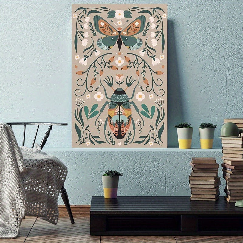 Butterfly & Flower Canvas Wall Art – Botanical Nature Print with Wooden Frame, Boho Mid-Century Room Decor