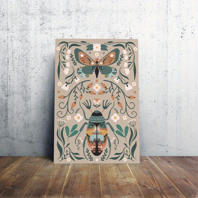 Butterfly & Flower Canvas Wall Art – Botanical Nature Print with Wooden Frame, Boho Mid-Century Room Decor