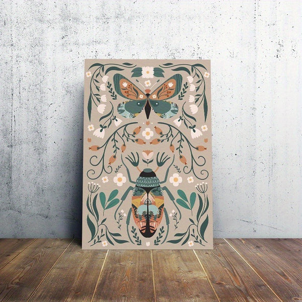 Butterfly & Flower Canvas Wall Art – Botanical Nature Print with Wooden Frame, Boho Mid-Century Room Decor