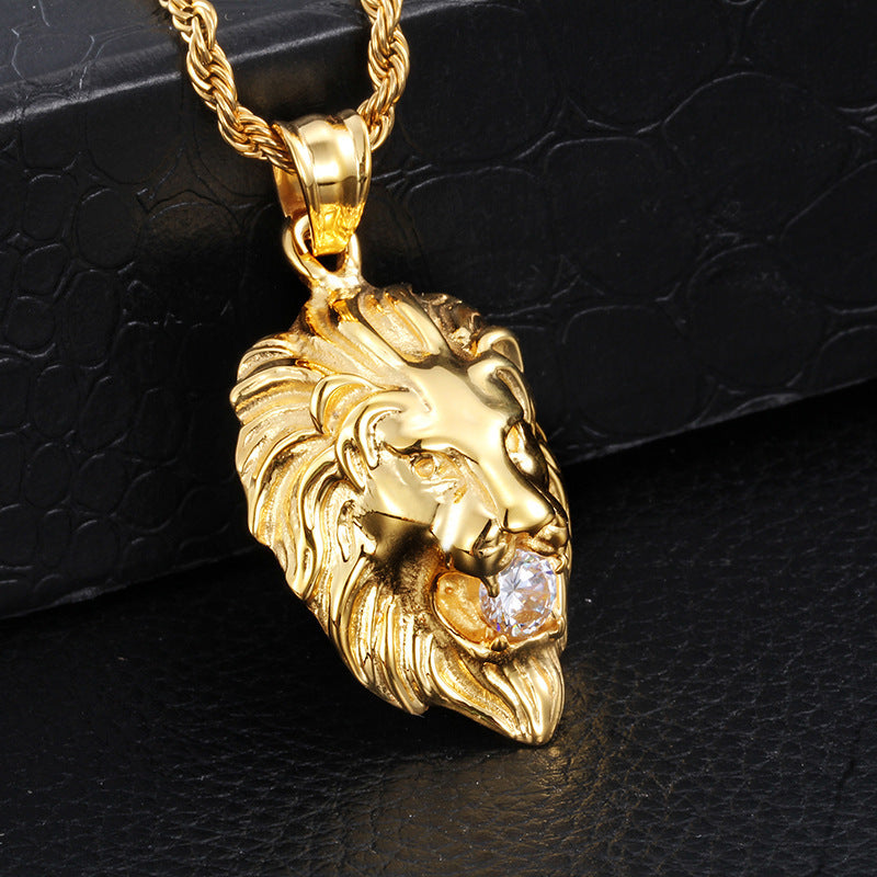 Diamond Lion's Head Men's Pendant Alloy Necklace