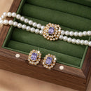 Stylish Elegant Double Row Pearl Square Diamond-studded Necklace Earings Set